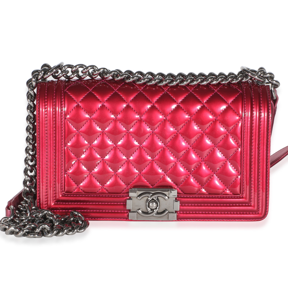 Chanel Pink Quilted Metallic Patent Old Medium Boy Bag